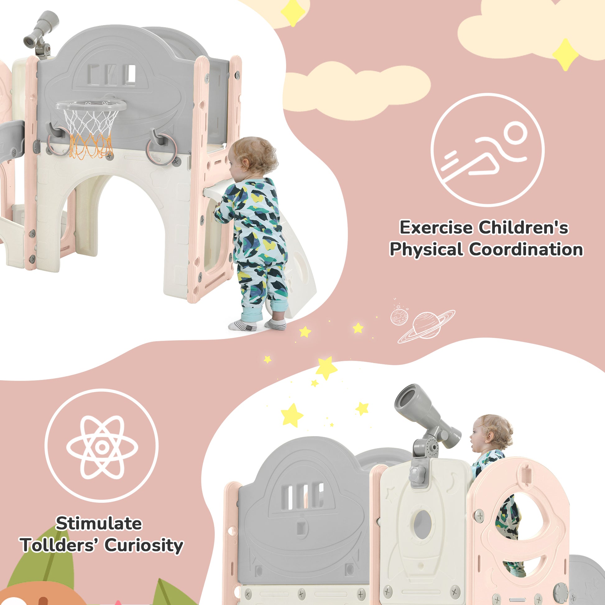 Kids Slide Playset Structure 7 in 1, Freestanding Spaceship Set with Slide, Arch Tunnel Pink+Grey + HDPE - KIWI UNIVERS