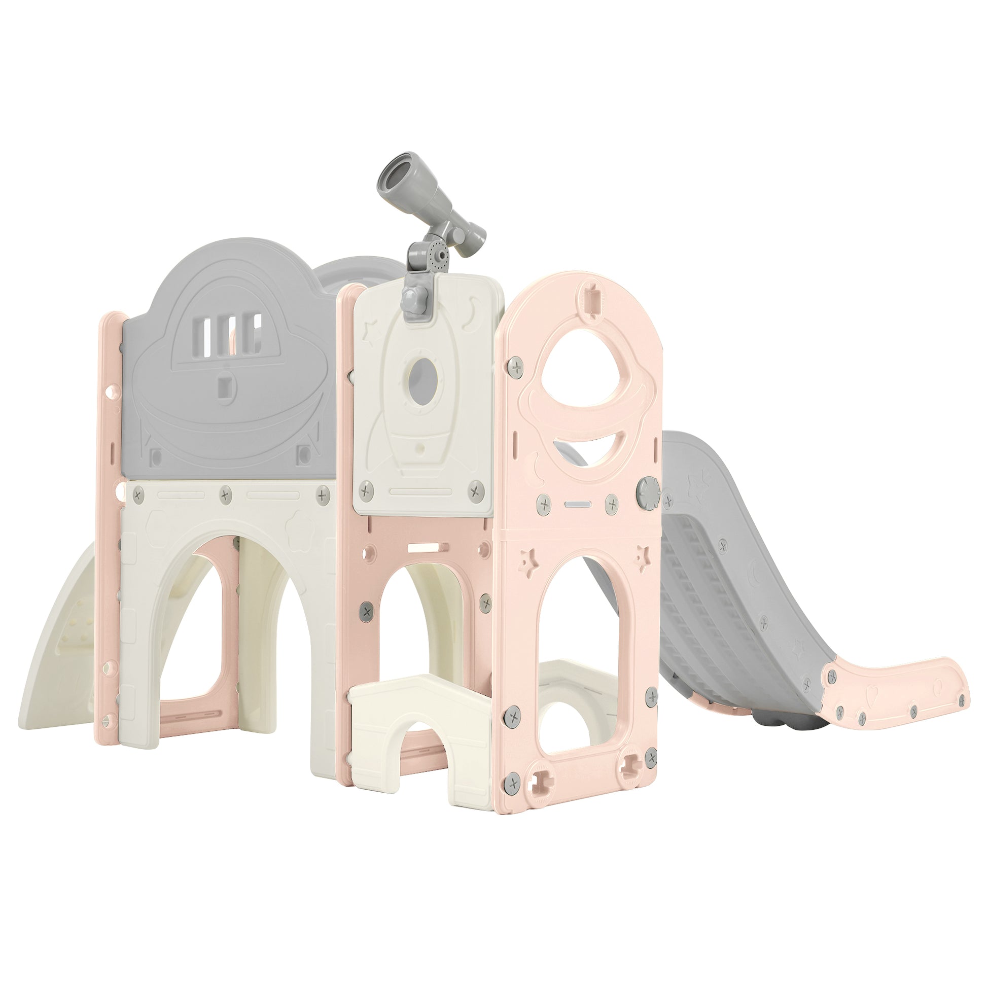 Kids Slide Playset Structure 7 in 1, Freestanding Spaceship Set with Slide, Arch Tunnel Pink+Grey + HDPE - KIWI UNIVERS