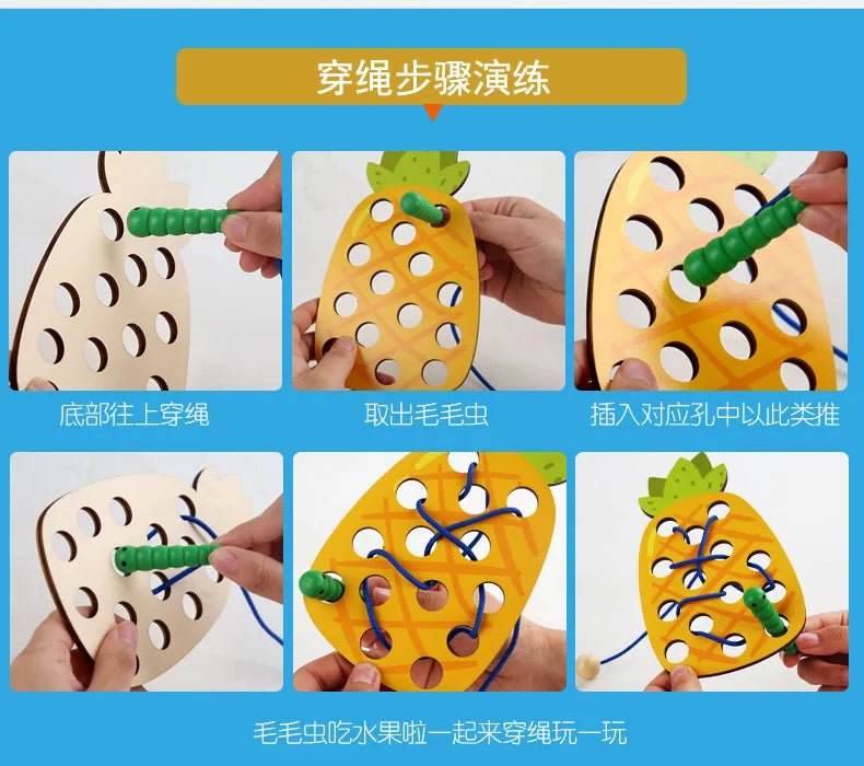 Wooden fruit threading board placed in Montessori early education threading game - KIWI UNIVERS