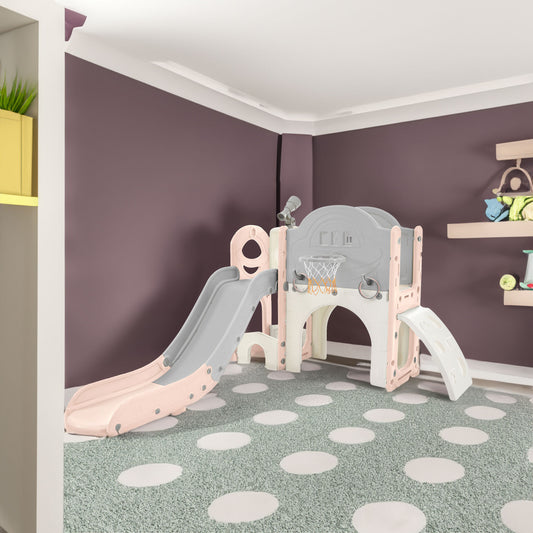 Kids Slide Playset Structure 7 in 1, Freestanding Spaceship Set with Slide, Arch Tunnel Pink+Grey + HDPE - KIWI UNIVERS