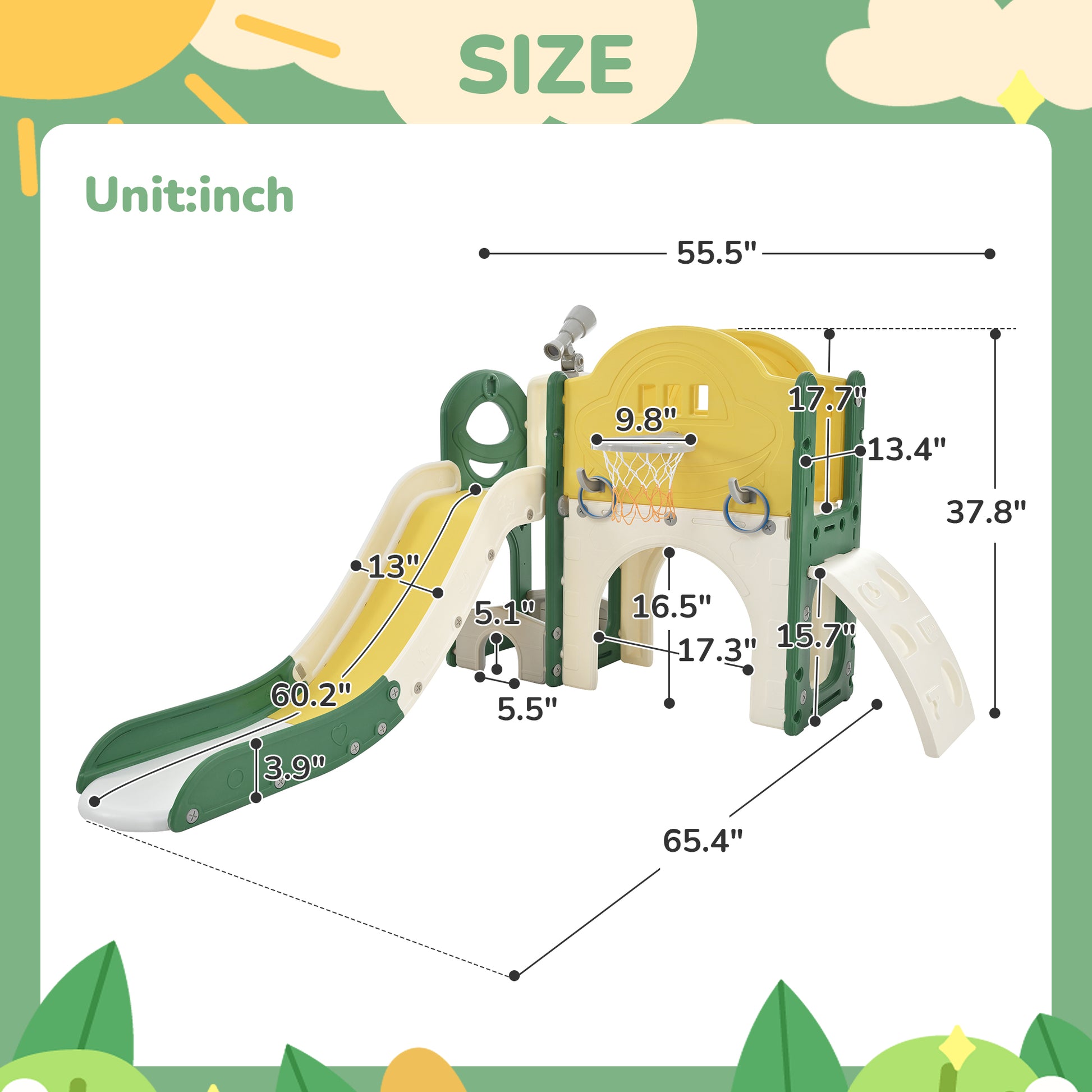 Kids Slide Playset Structure 7 in 1, Freestanding Spaceship Set with Slide, Arch Tunnel Yellow + HDPE - KIWI UNIVERS
