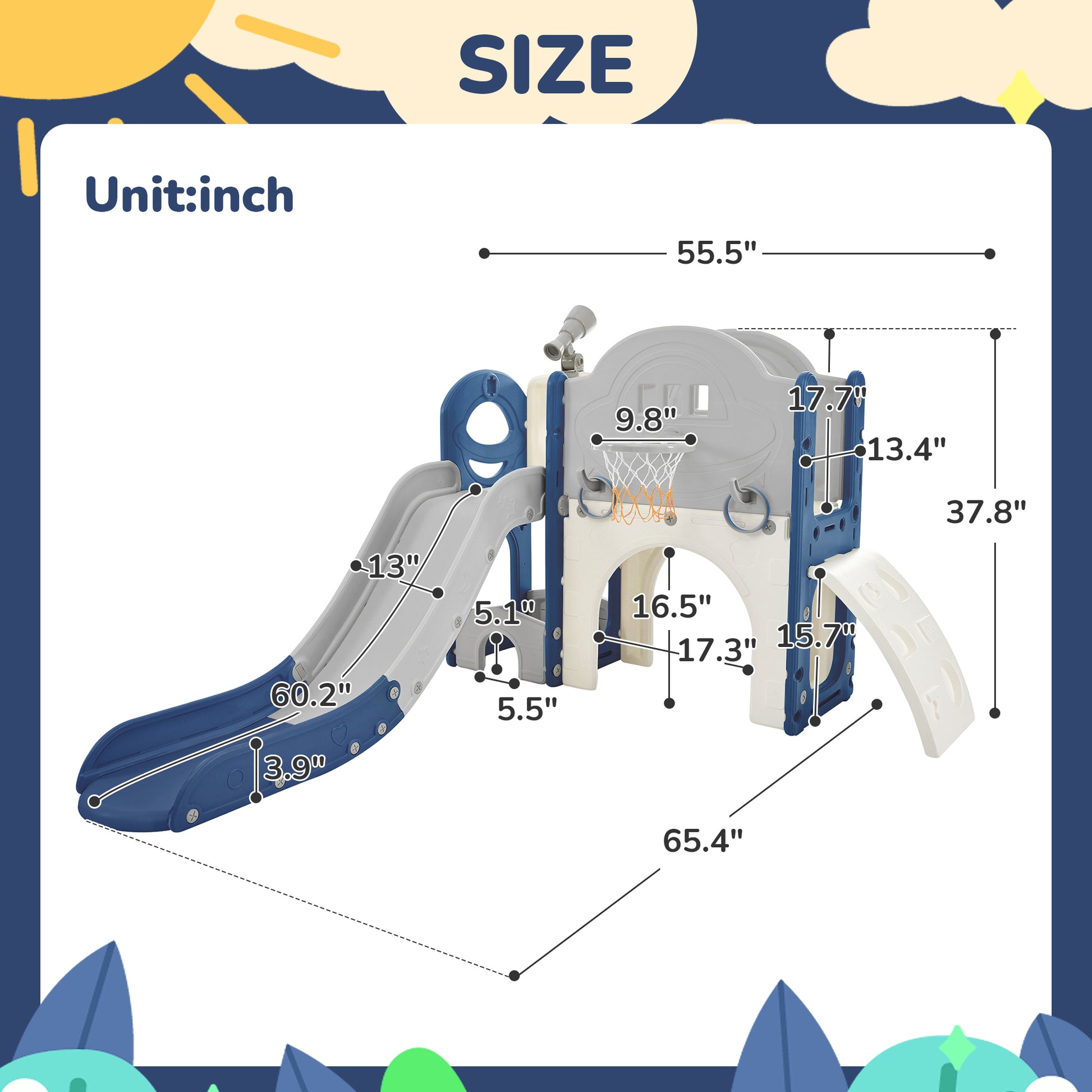 Kids Slide Playset Structure 7 in 1, Freestanding Spaceship Set with Slide, Arch Tunnel Blue+Grey + HDPE - KIWI UNIVERS