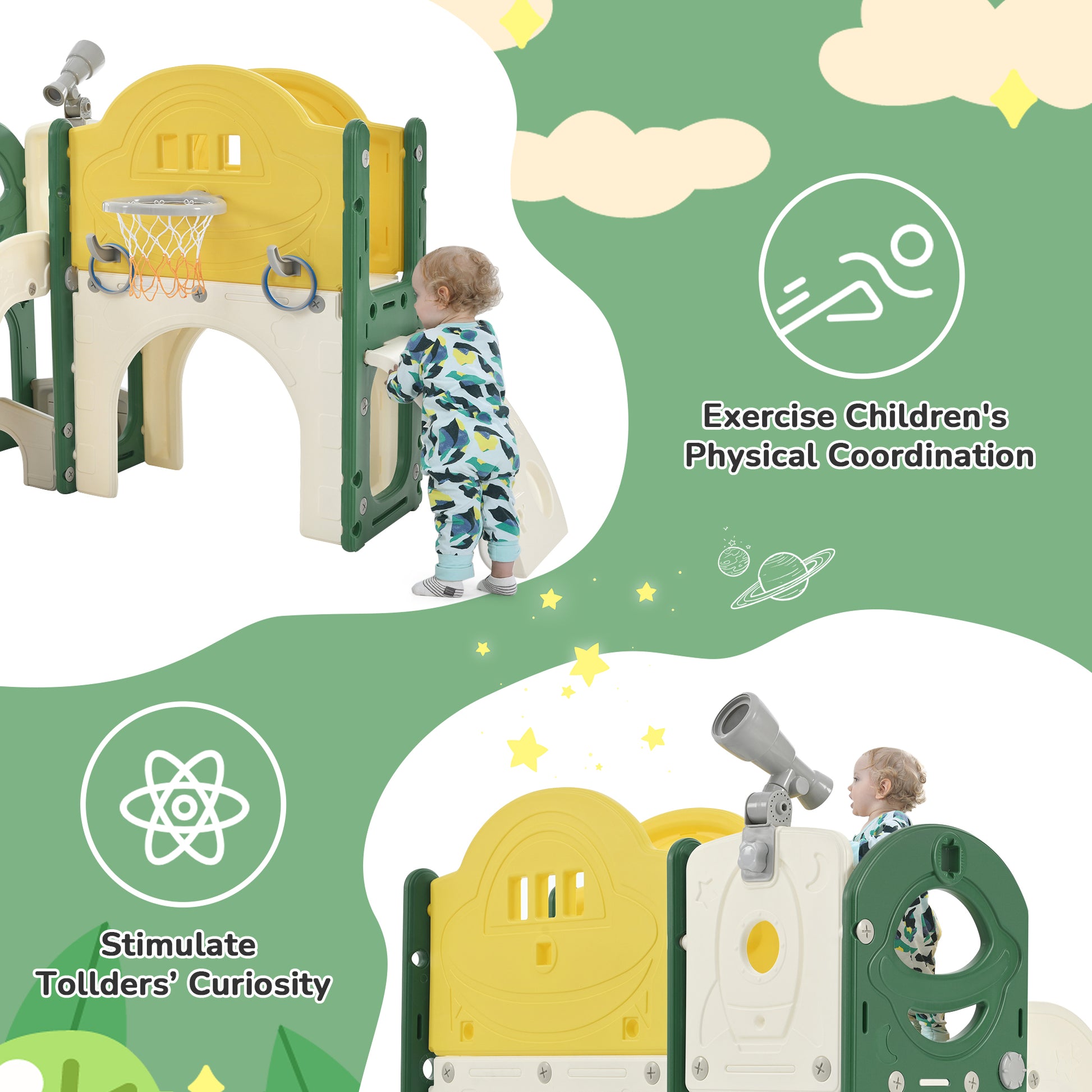 Kids Slide Playset Structure 7 in 1, Freestanding Spaceship Set with Slide, Arch Tunnel Yellow + HDPE - KIWI UNIVERS