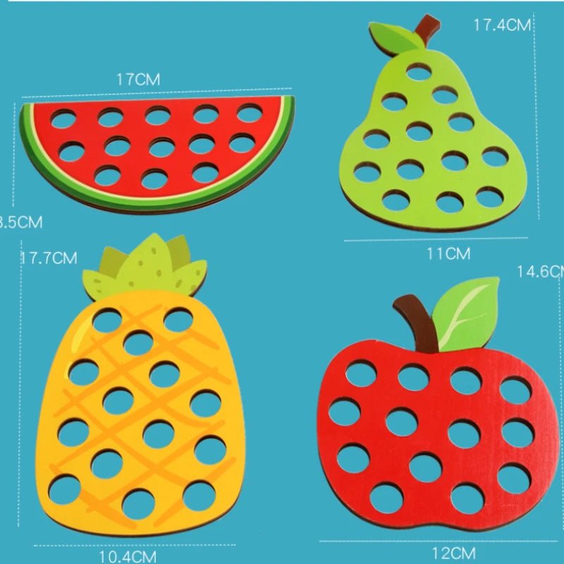 Wooden fruit threading board placed in Montessori early education threading game - KIWI UNIVERS