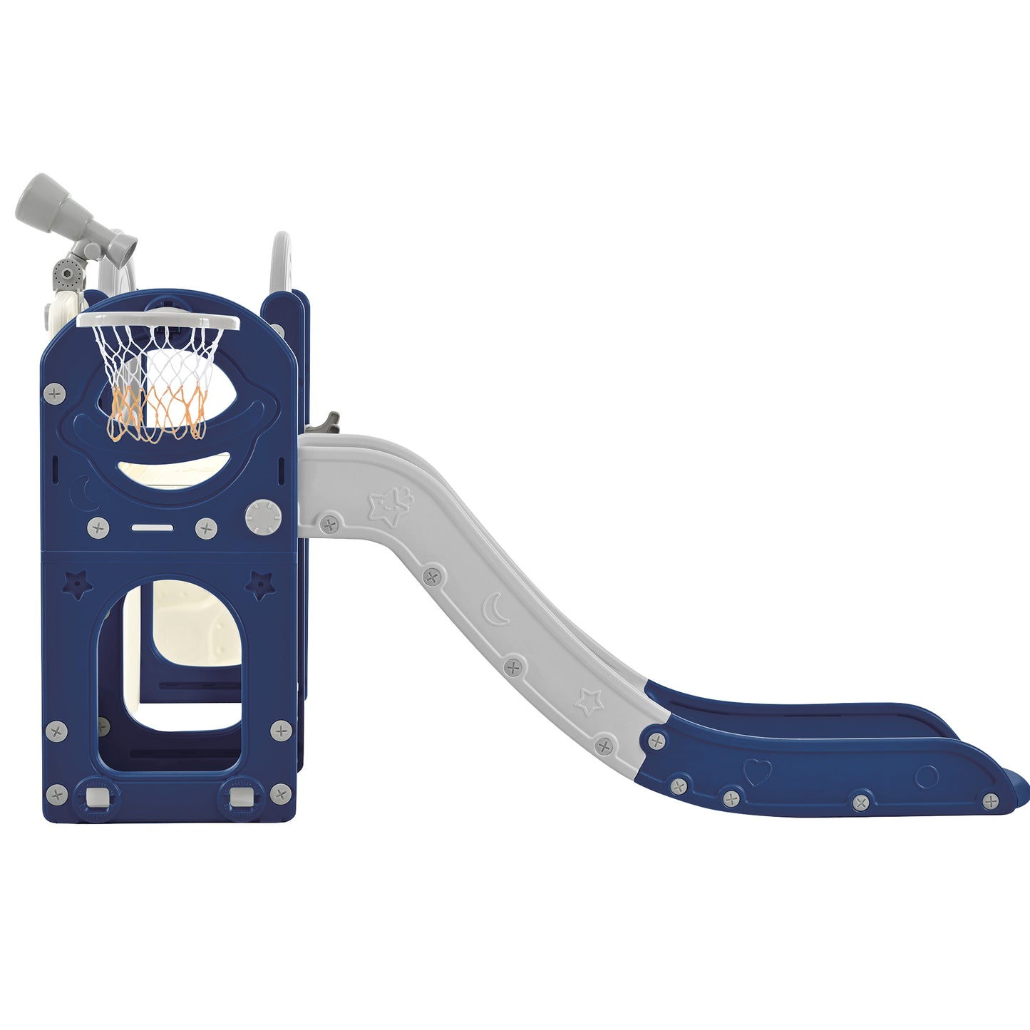 Kids Slide Playset Structure 7 in 1, Freestanding Spaceship Set with Slide, Arch Tunnel Blue+Grey + HDPE - KIWI UNIVERS