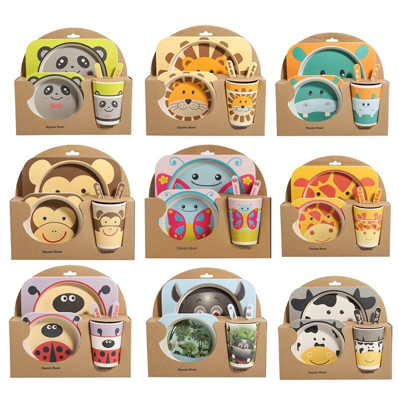 5pcs/set Children Baby Bamboo Fiber Tableware Baby Tableware Set Cartoon Animal Tableware Aet - KIWI UNIVERS