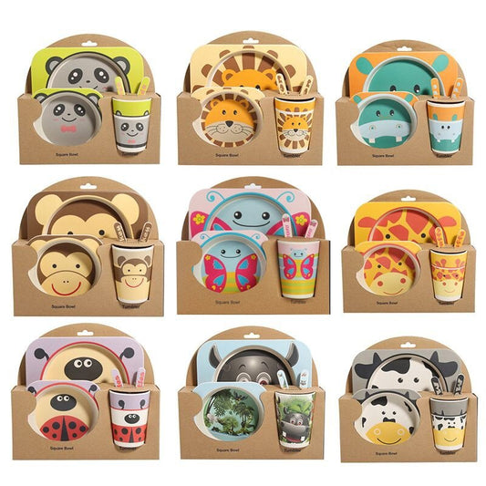 5pcs/set Children Baby Bamboo Fiber Tableware Baby Tableware Set Cartoon Animal Tableware Aet - KIWI UNIVERS