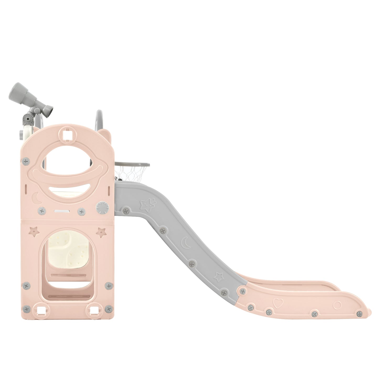 Kids Slide Playset Structure 7 in 1, Freestanding Spaceship Set with Slide, Arch Tunnel Pink+Grey + HDPE - KIWI UNIVERS