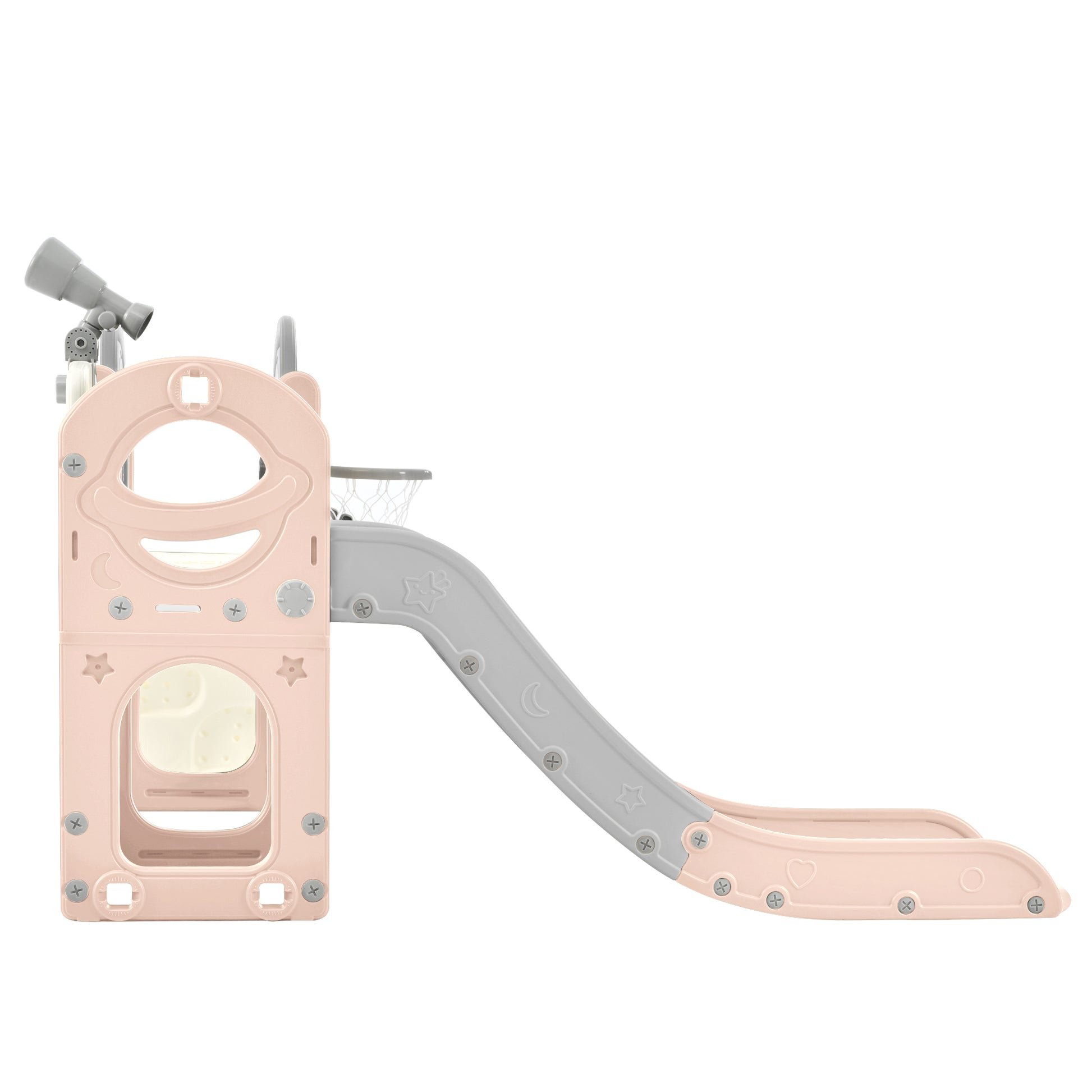 Kids Slide Playset Structure 7 in 1, Freestanding Spaceship Set with Slide, Arch Tunnel Pink+Grey + HDPE - KIWI UNIVERS