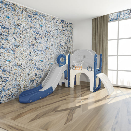 Kids Slide Playset Structure 7 in 1, Freestanding Spaceship Set with Slide, Arch Tunnel Blue+Grey + HDPE - KIWI UNIVERS