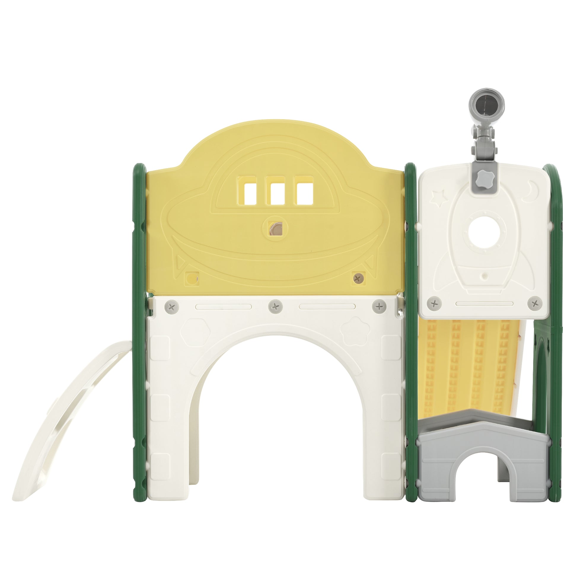 Kids Slide Playset Structure 7 in 1, Freestanding Spaceship Set with Slide, Arch Tunnel Yellow + HDPE - KIWI UNIVERS