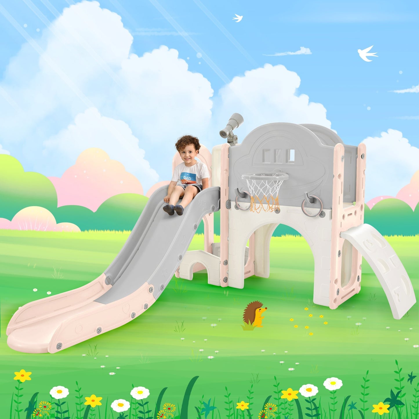 Kids Slide Playset Structure 7 in 1, Freestanding Spaceship Set with Slide, Arch Tunnel Pink+Grey + HDPE - KIWI UNIVERS