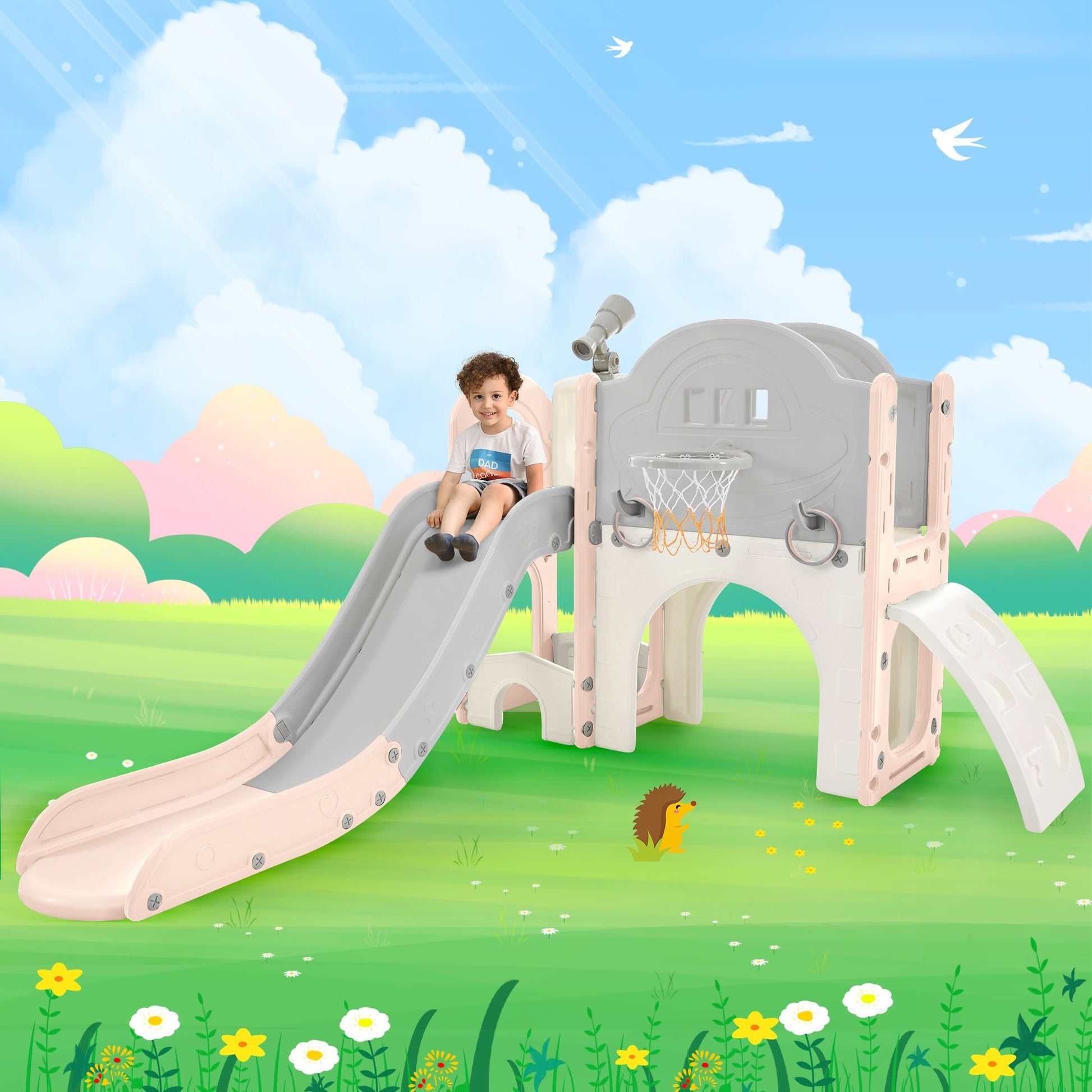 Kids Slide Playset Structure 7 in 1, Freestanding Spaceship Set with Slide, Arch Tunnel Pink+Grey + HDPE - KIWI UNIVERS