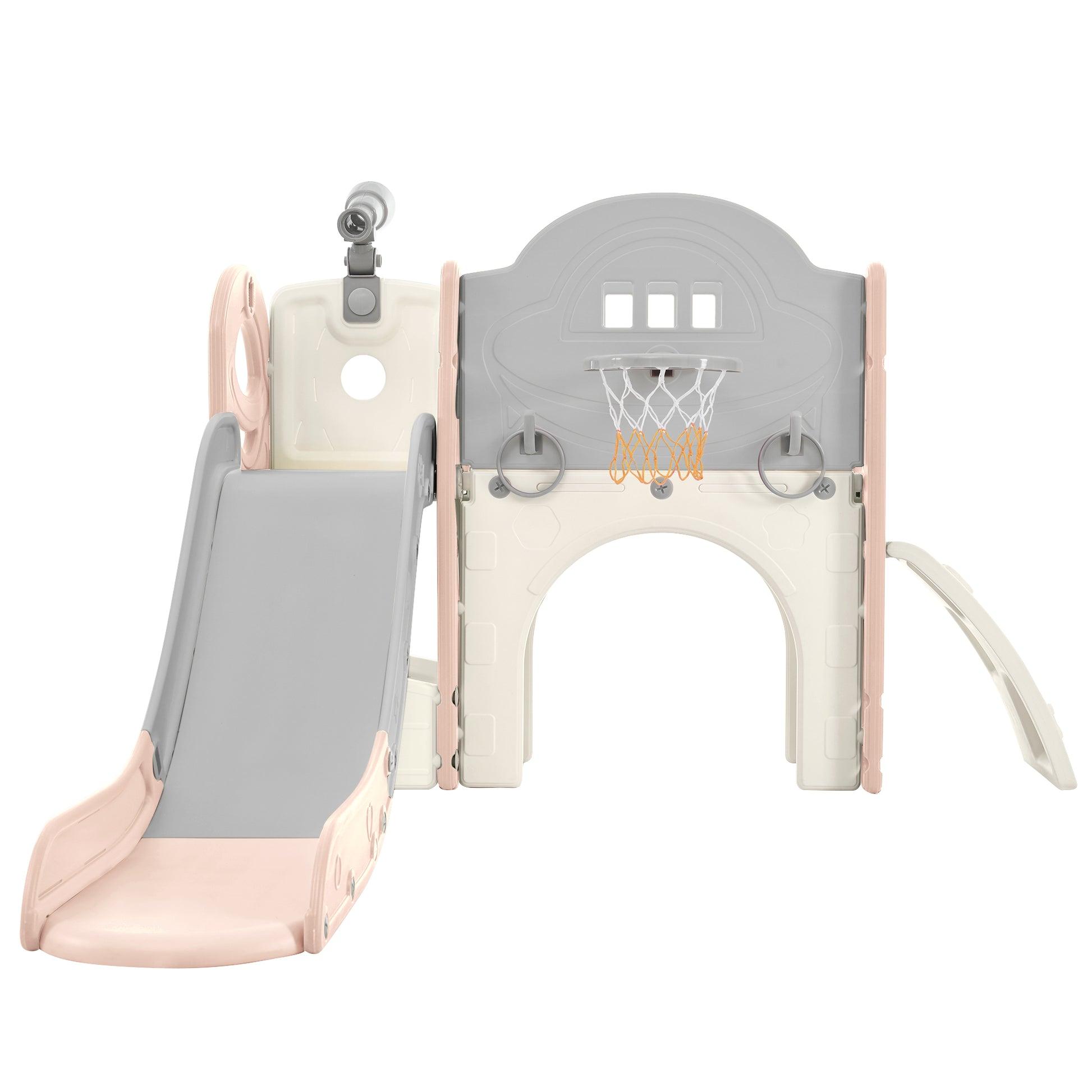Kids Slide Playset Structure 7 in 1, Freestanding Spaceship Set with Slide, Arch Tunnel Pink+Grey + HDPE - KIWI UNIVERS