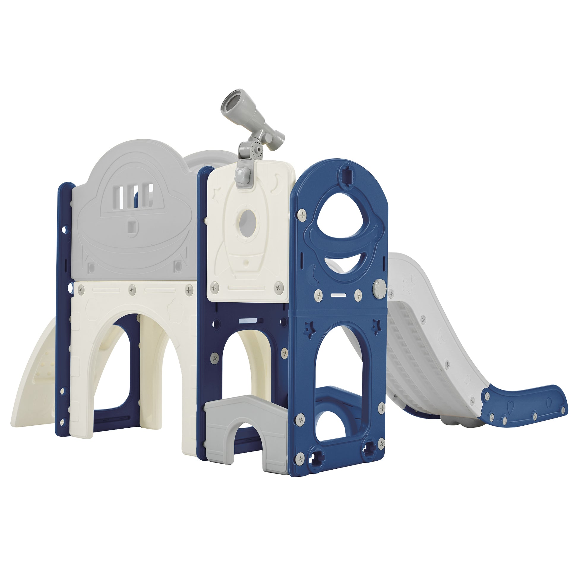 Kids Slide Playset Structure 7 in 1, Freestanding Spaceship Set with Slide, Arch Tunnel Blue+Grey + HDPE - KIWI UNIVERS