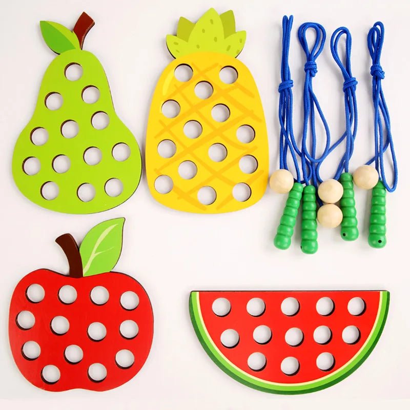 Wooden fruit threading board placed in Montessori early education threading game - KIWI UNIVERS