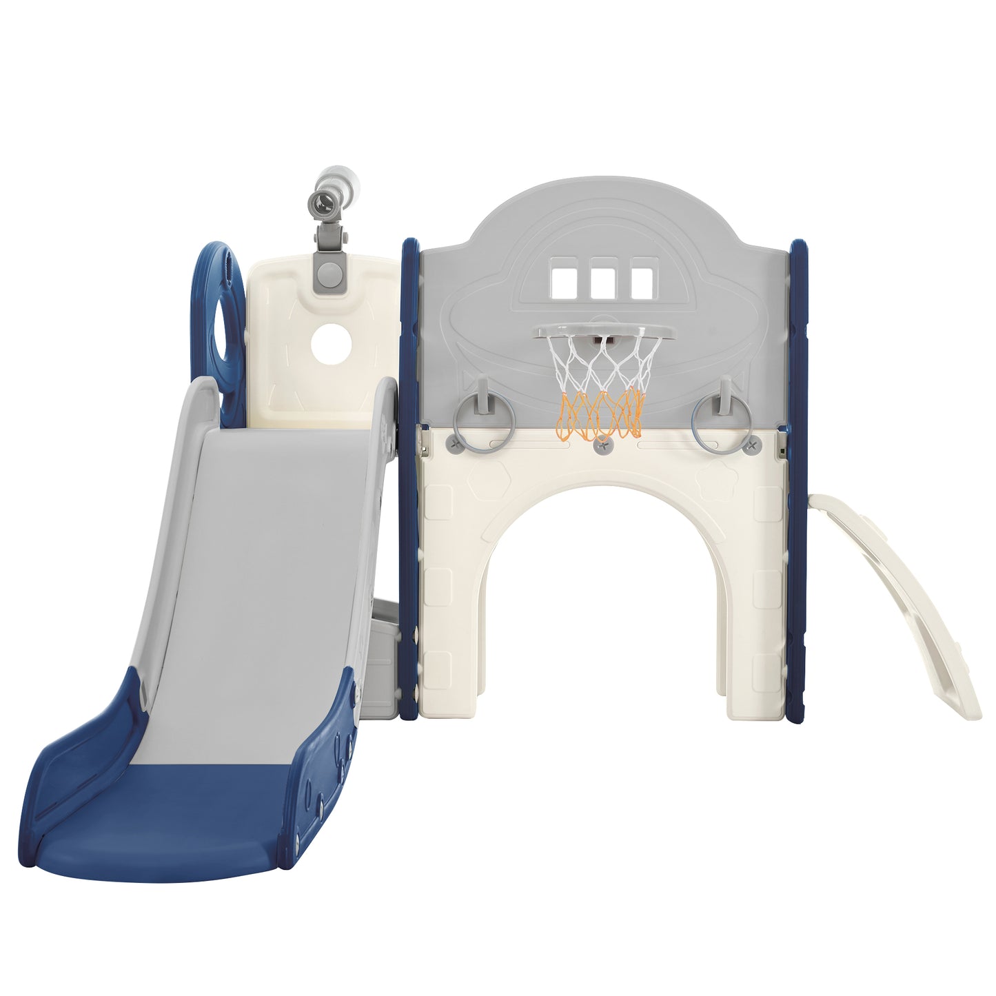 Kids Slide Playset Structure 7 in 1, Freestanding Spaceship Set with Slide, Arch Tunnel Blue+Grey + HDPE - KIWI UNIVERS