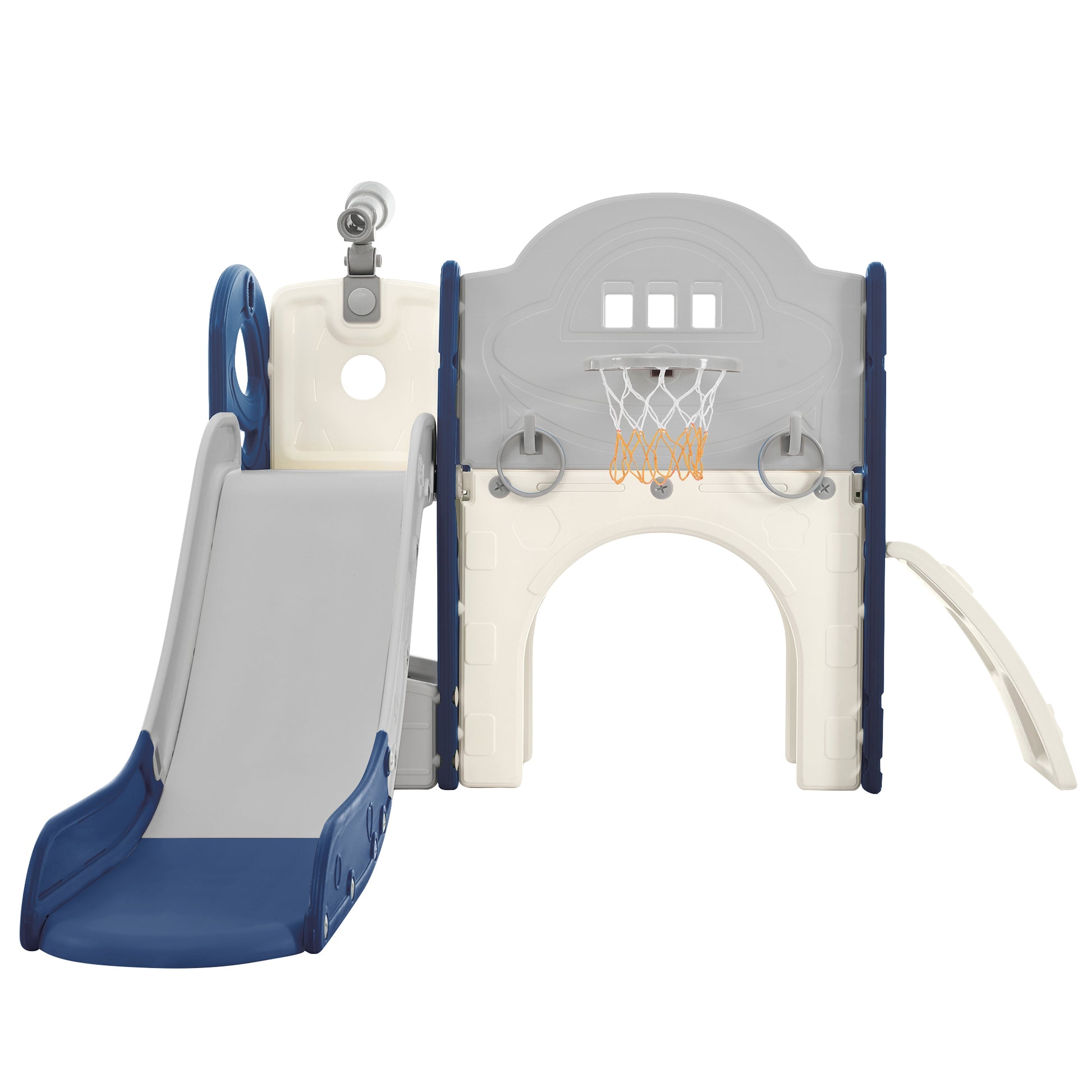 Kids Slide Playset Structure 7 in 1, Freestanding Spaceship Set with Slide, Arch Tunnel Blue+Grey + HDPE - KIWI UNIVERS