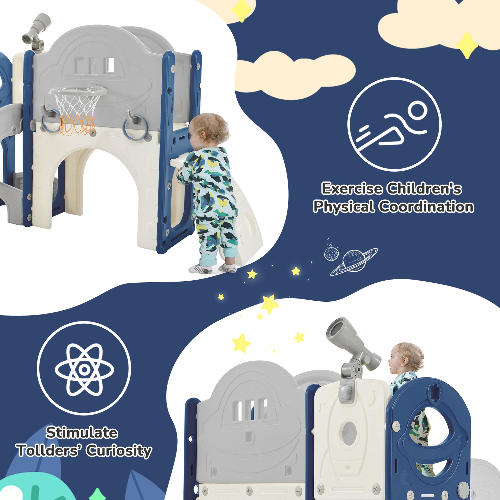 Kids Slide Playset Structure 7 in 1, Freestanding Spaceship Set with Slide, Arch Tunnel Blue+Grey + HDPE - KIWI UNIVERS