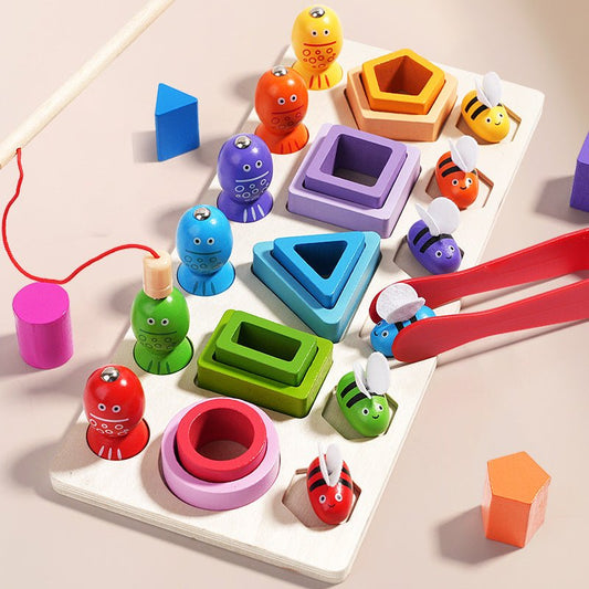 Christmas toy gift wooden three in one magnetic clip bee set pillar for children's early education puzzle geometry cognition matching building block toy - KIWI UNIVERS