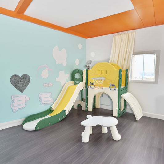 Kids Slide Playset Structure 7 in 1, Freestanding Spaceship Set with Slide, Arch Tunnel Yellow + HDPE - KIWI UNIVERS