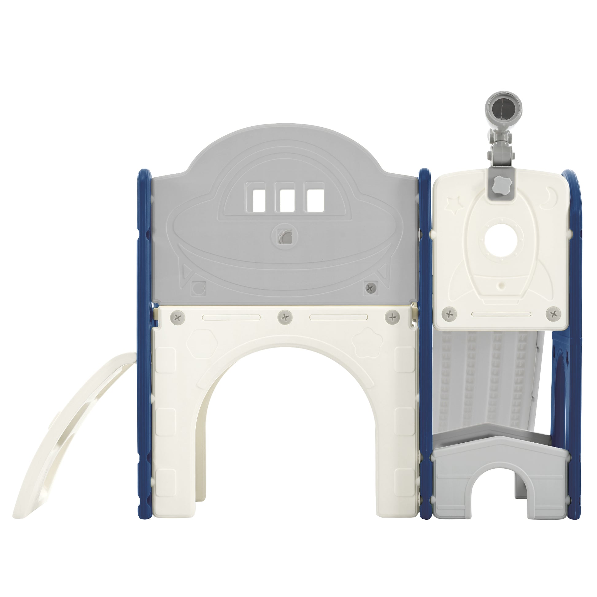 Kids Slide Playset Structure 7 in 1, Freestanding Spaceship Set with Slide, Arch Tunnel Blue+Grey + HDPE - KIWI UNIVERS