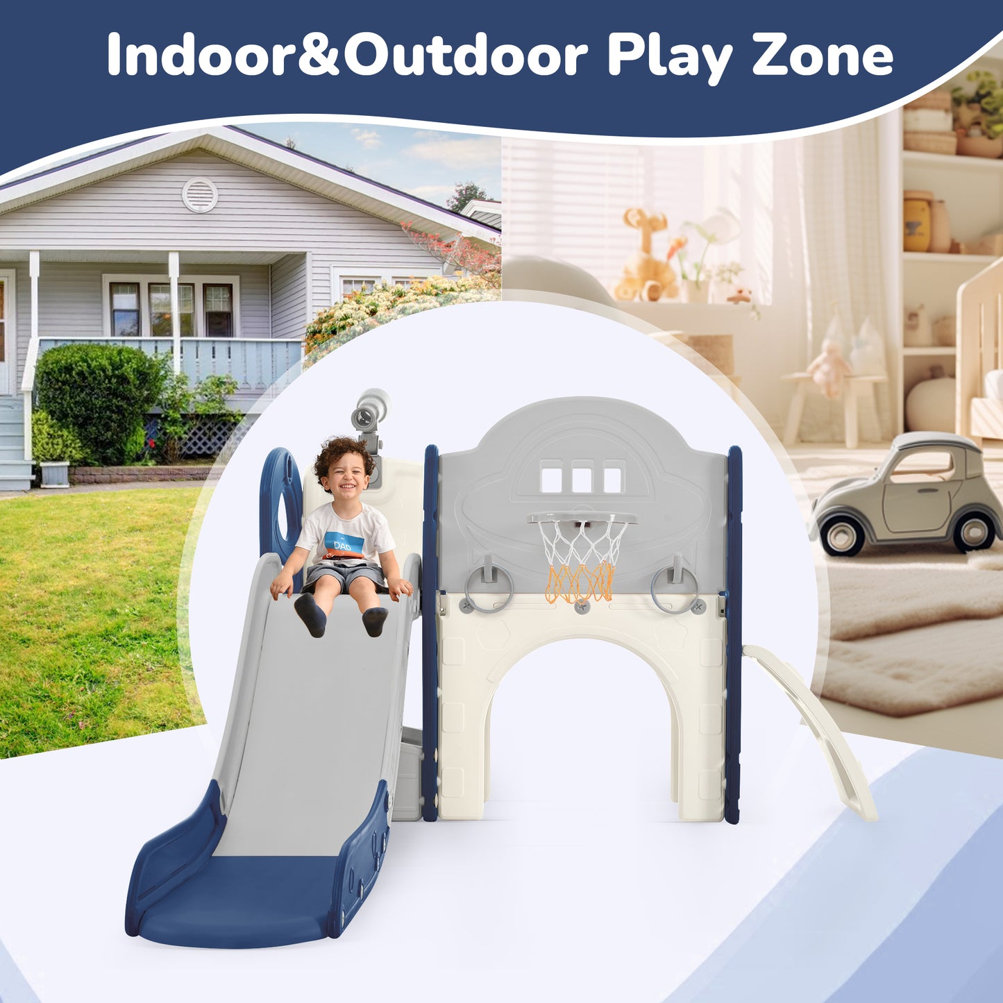 Kids Slide Playset Structure 7 in 1, Freestanding Spaceship Set with Slide, Arch Tunnel Blue+Grey + HDPE - KIWI UNIVERS