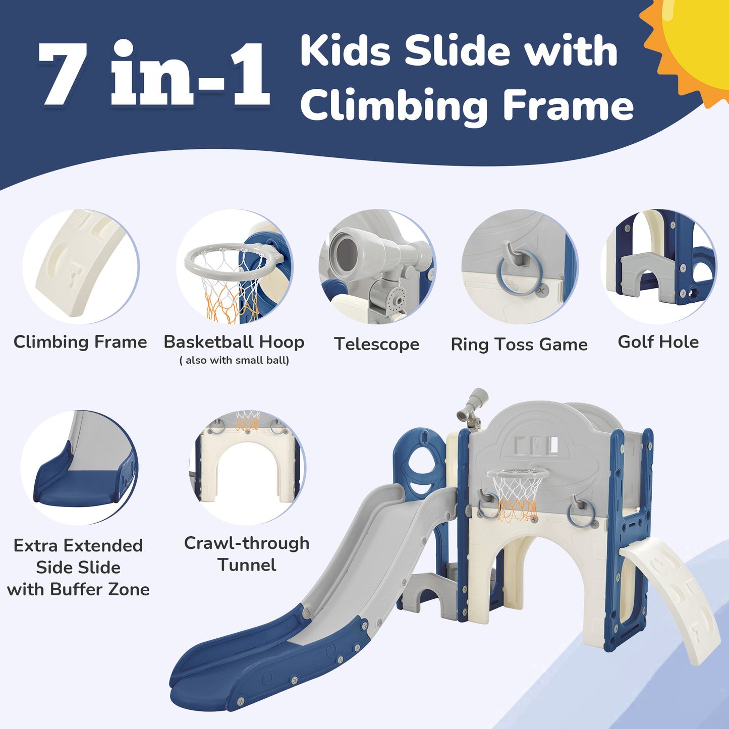 Kids Slide Playset Structure 7 in 1, Freestanding Spaceship Set with Slide, Arch Tunnel Blue+Grey + HDPE - KIWI UNIVERS