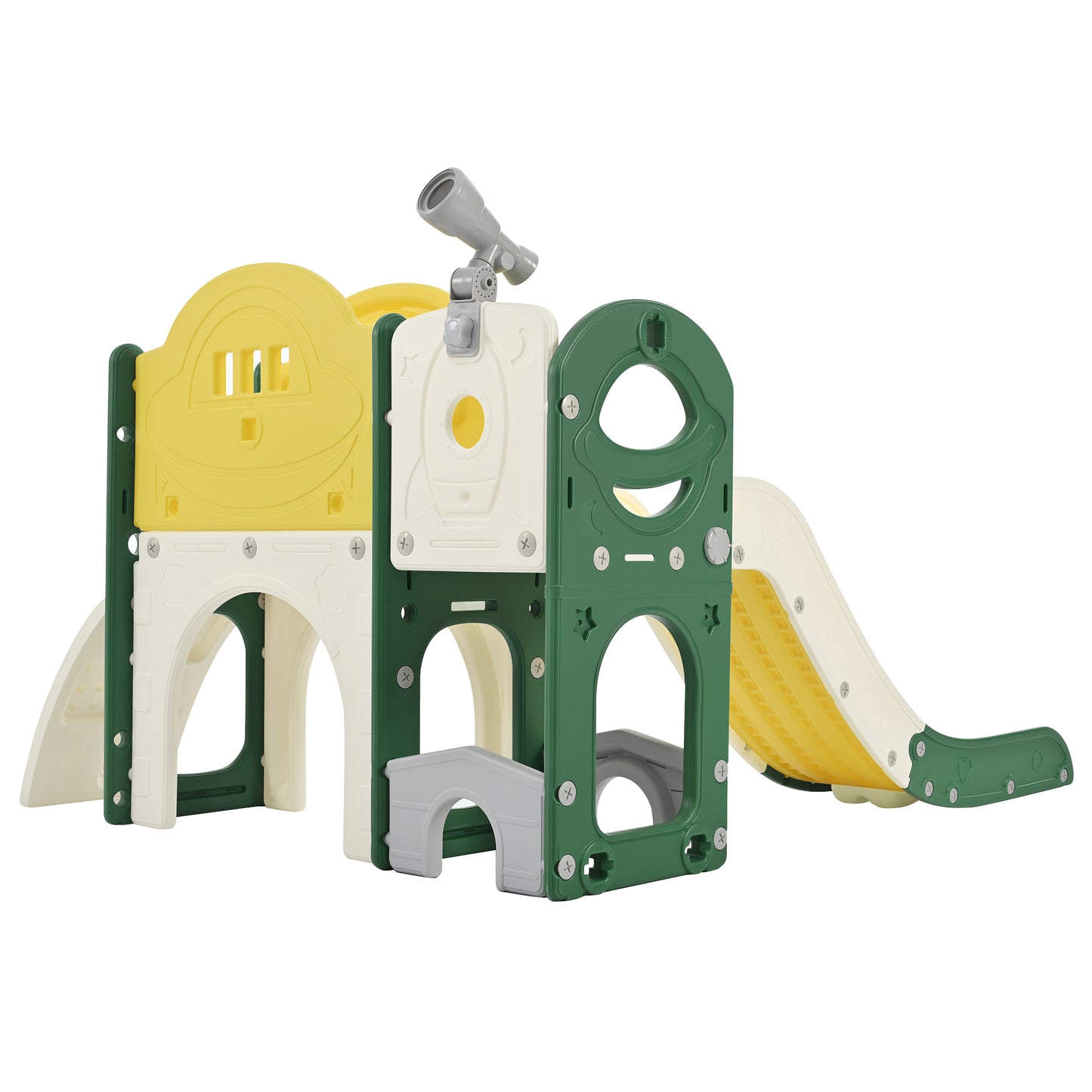 Kids Slide Playset Structure 7 in 1, Freestanding Spaceship Set with Slide, Arch Tunnel Yellow + HDPE - KIWI UNIVERS