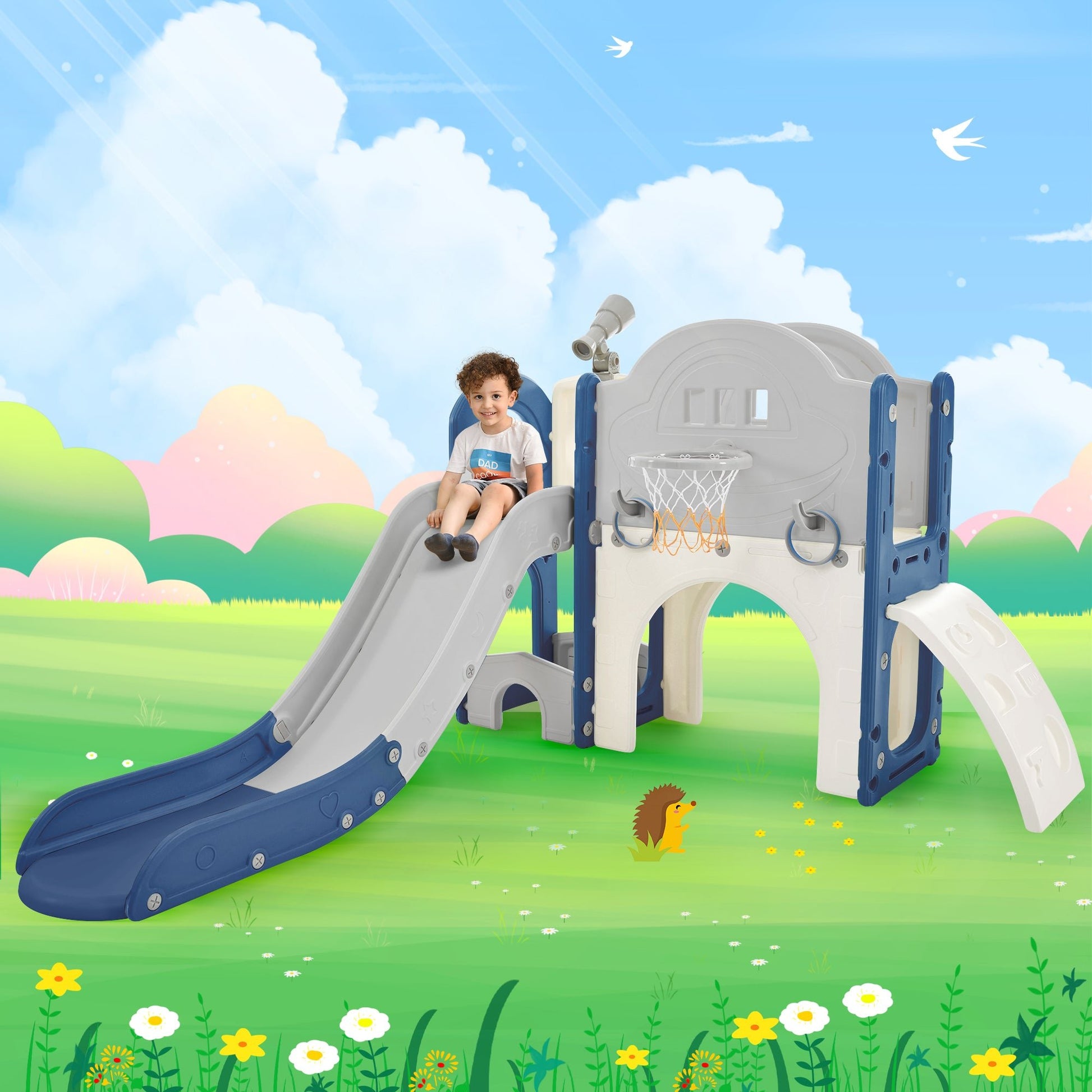 Kids Slide Playset Structure 7 in 1, Freestanding Spaceship Set with Slide, Arch Tunnel Blue+Grey + HDPE - KIWI UNIVERS