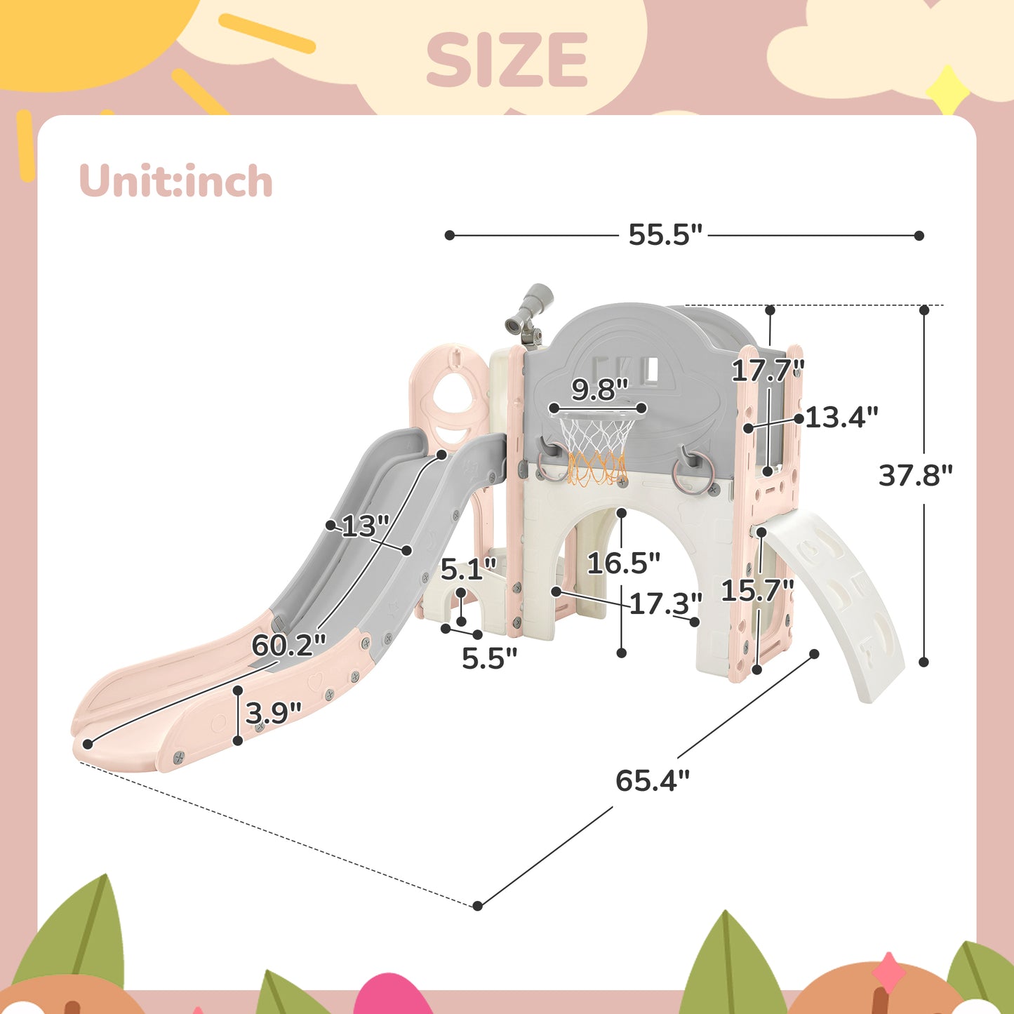 Kids Slide Playset Structure 7 in 1, Freestanding Spaceship Set with Slide, Arch Tunnel Pink+Grey + HDPE - KIWI UNIVERS