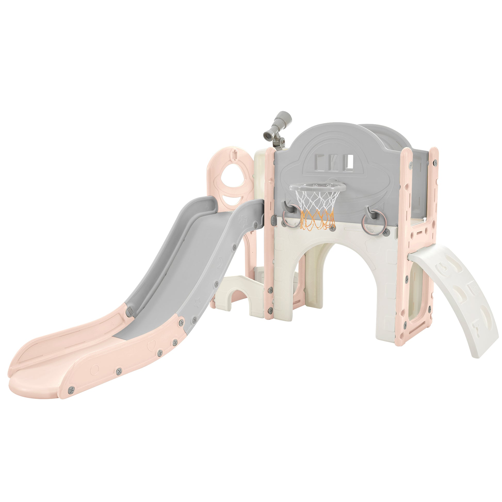 Kids Slide Playset Structure 7 in 1, Freestanding Spaceship Set with Slide, Arch Tunnel Pink+Grey + HDPE - KIWI UNIVERS