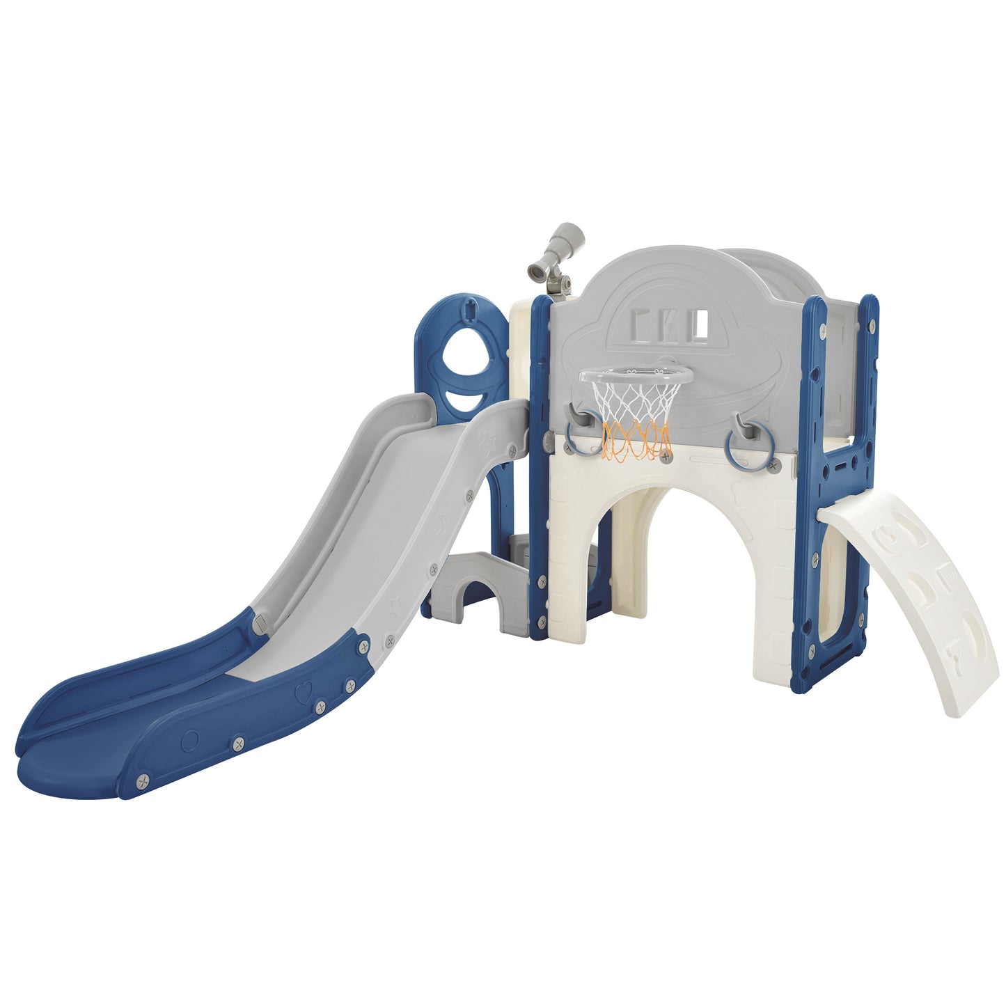 Kids Slide Playset Structure 7 in 1, Freestanding Spaceship Set with Slide, Arch Tunnel Blue+Grey + HDPE - KIWI UNIVERS