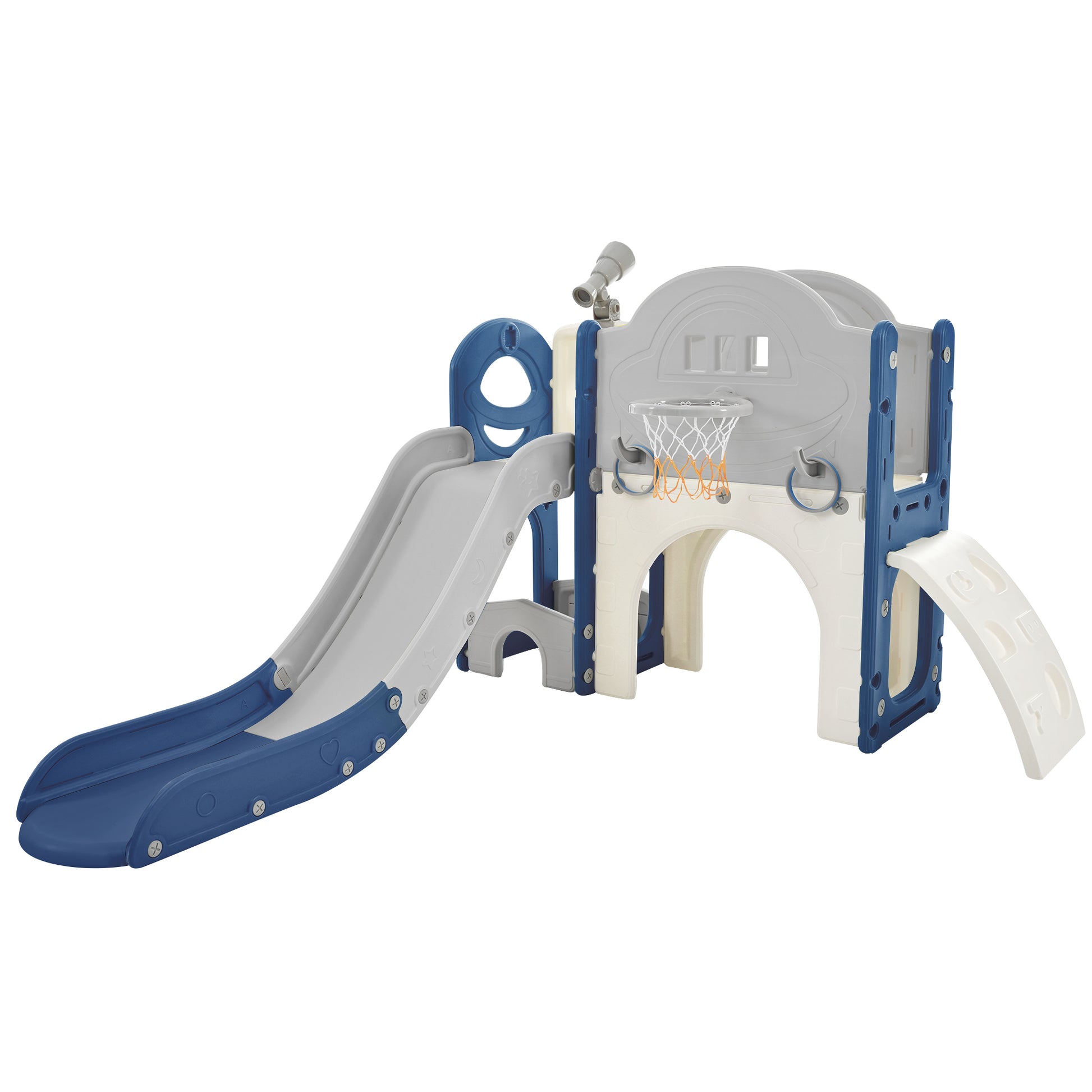 Kids Slide Playset Structure 7 in 1, Freestanding Spaceship Set with Slide, Arch Tunnel Blue+Grey + HDPE - KIWI UNIVERS