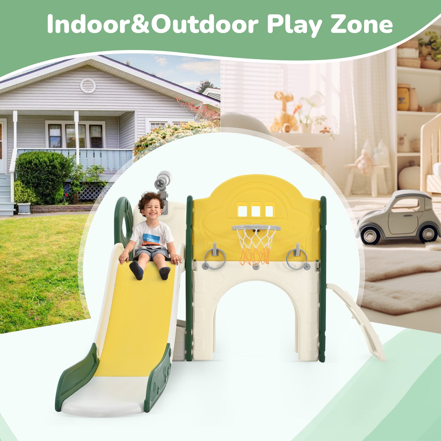 Kids Slide Playset Structure 7 in 1, Freestanding Spaceship Set with Slide, Arch Tunnel Yellow + HDPE - KIWI UNIVERS