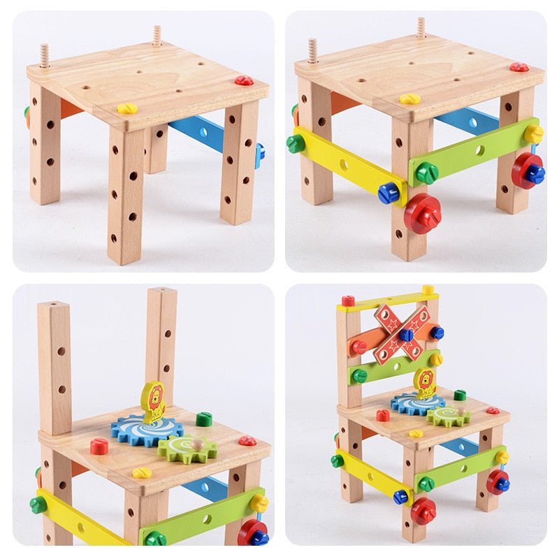 Wooden Assembling Chair Montessori Toys Baby Educational Wooden Toy Preschool Multifunctional Variety Nut Combination Chair Tool - KIWI UNIVERS