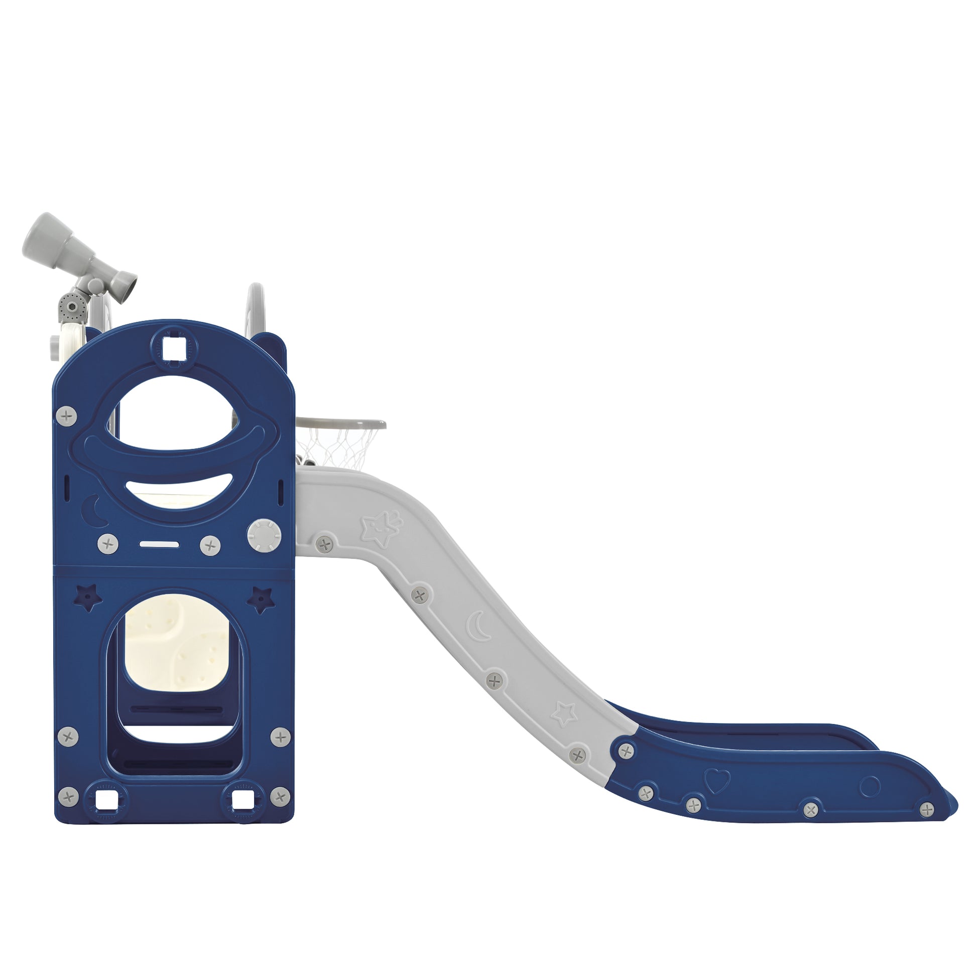 Kids Slide Playset Structure 7 in 1, Freestanding Spaceship Set with Slide, Arch Tunnel Blue+Grey + HDPE - KIWI UNIVERS
