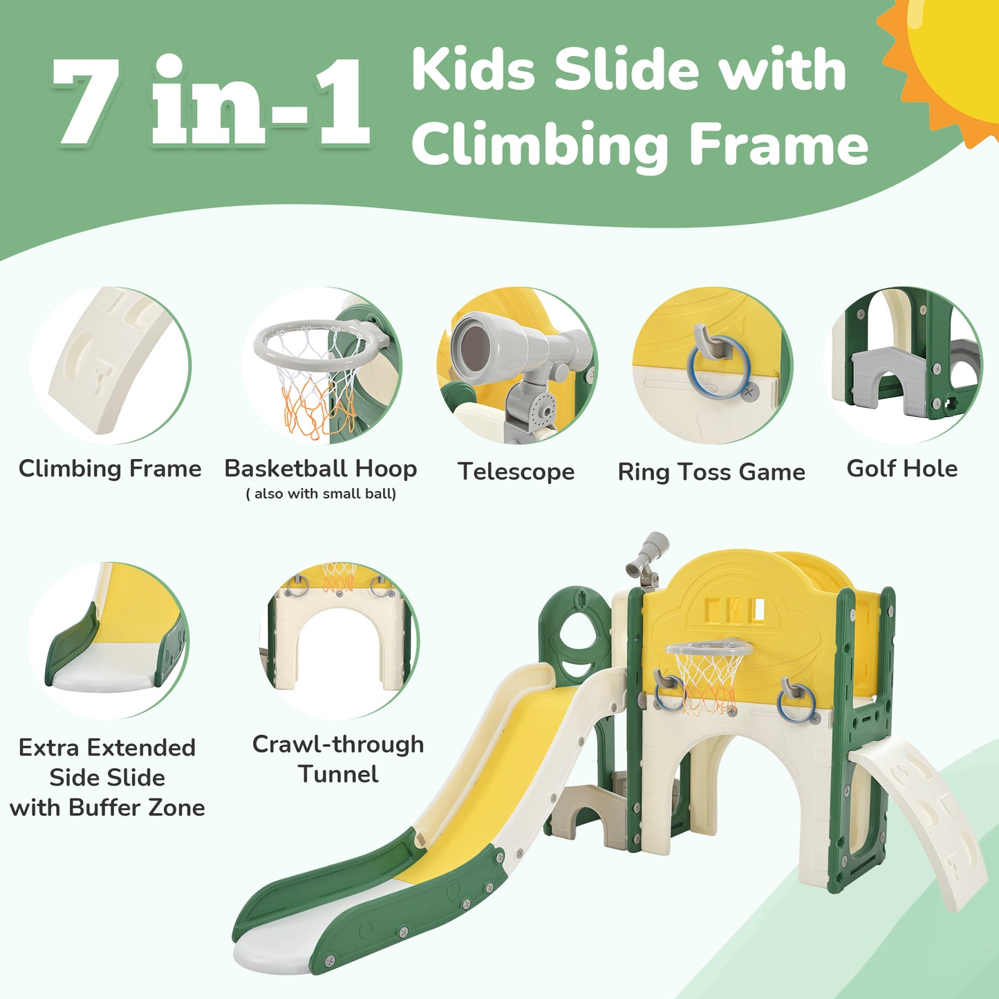 Kids Slide Playset Structure 7 in 1, Freestanding Spaceship Set with Slide, Arch Tunnel Yellow + HDPE - KIWI UNIVERS
