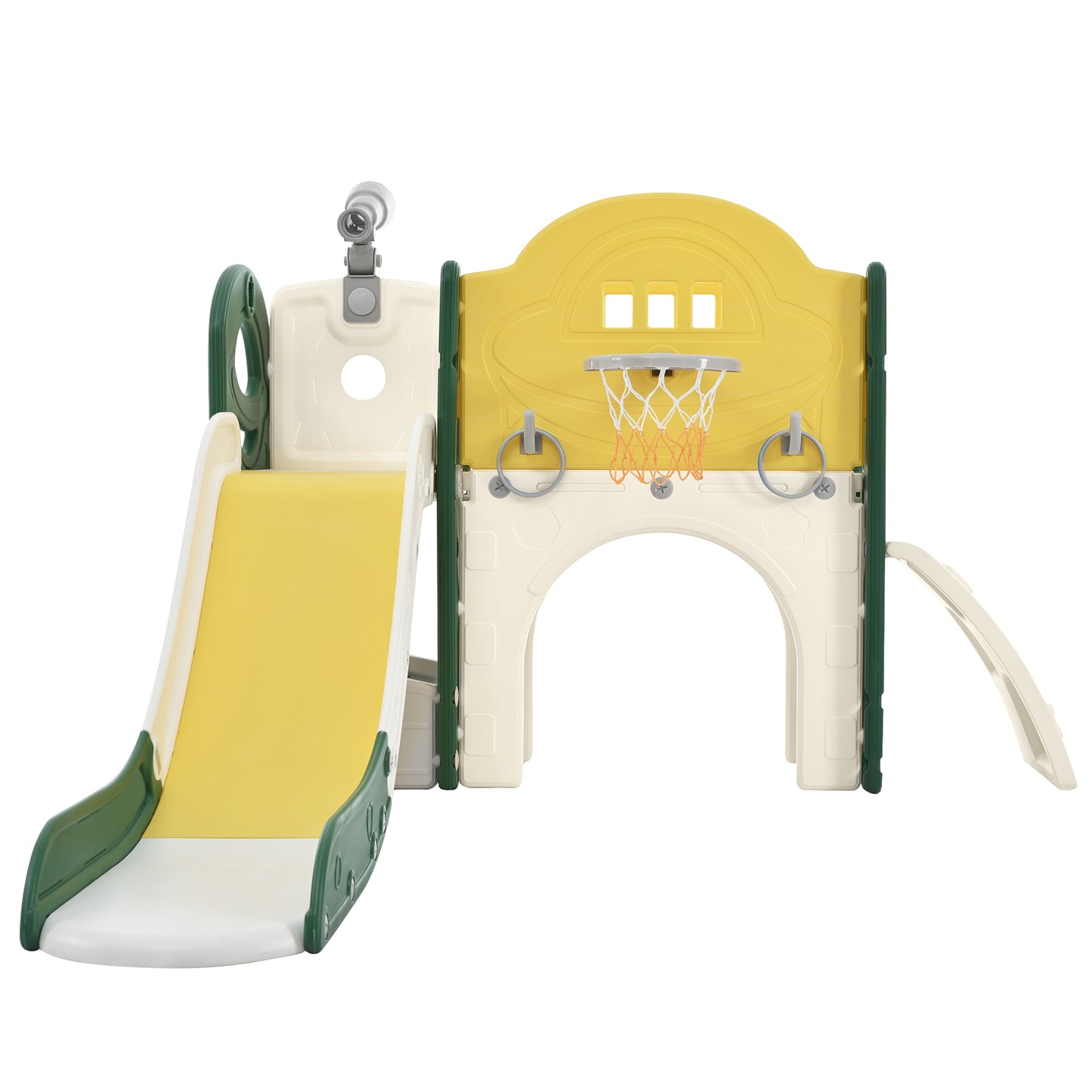 Kids Slide Playset Structure 7 in 1, Freestanding Spaceship Set with Slide, Arch Tunnel Yellow + HDPE - KIWI UNIVERS