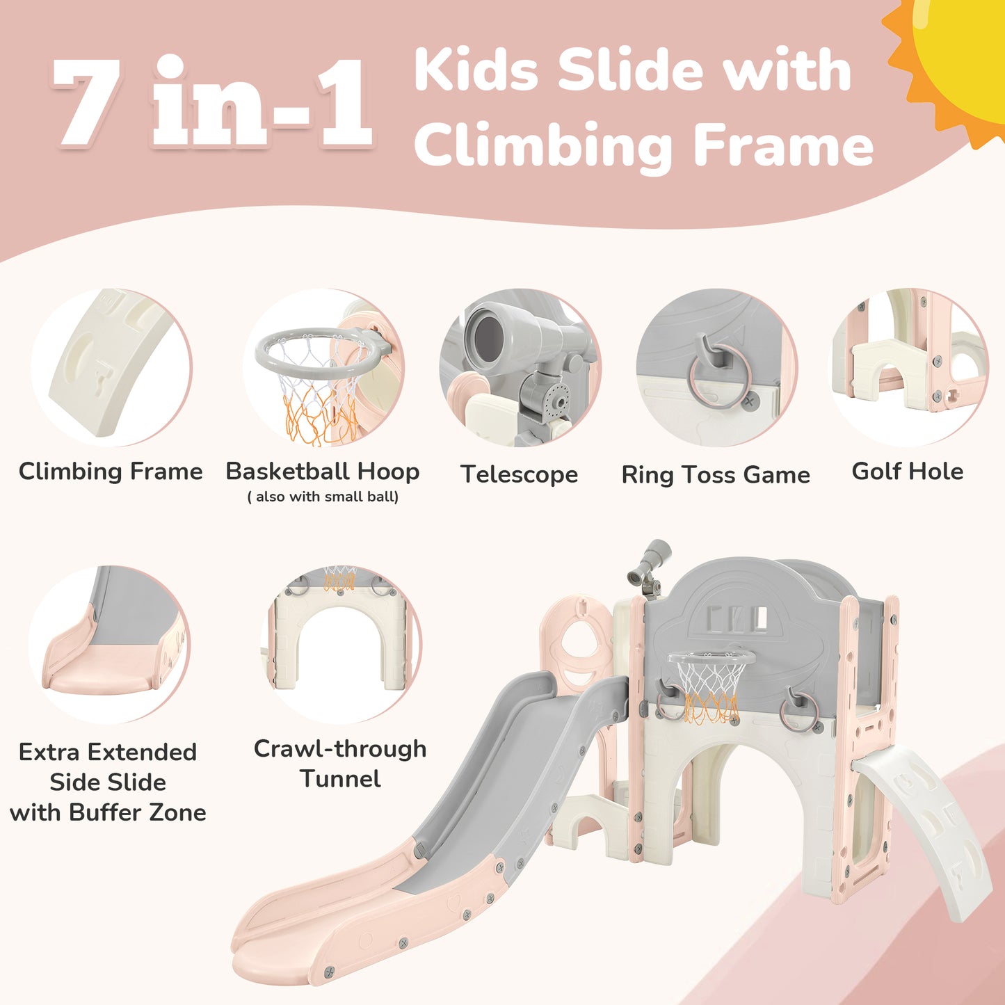 Kids Slide Playset Structure 7 in 1, Freestanding Spaceship Set with Slide, Arch Tunnel Pink+Grey + HDPE - KIWI UNIVERS