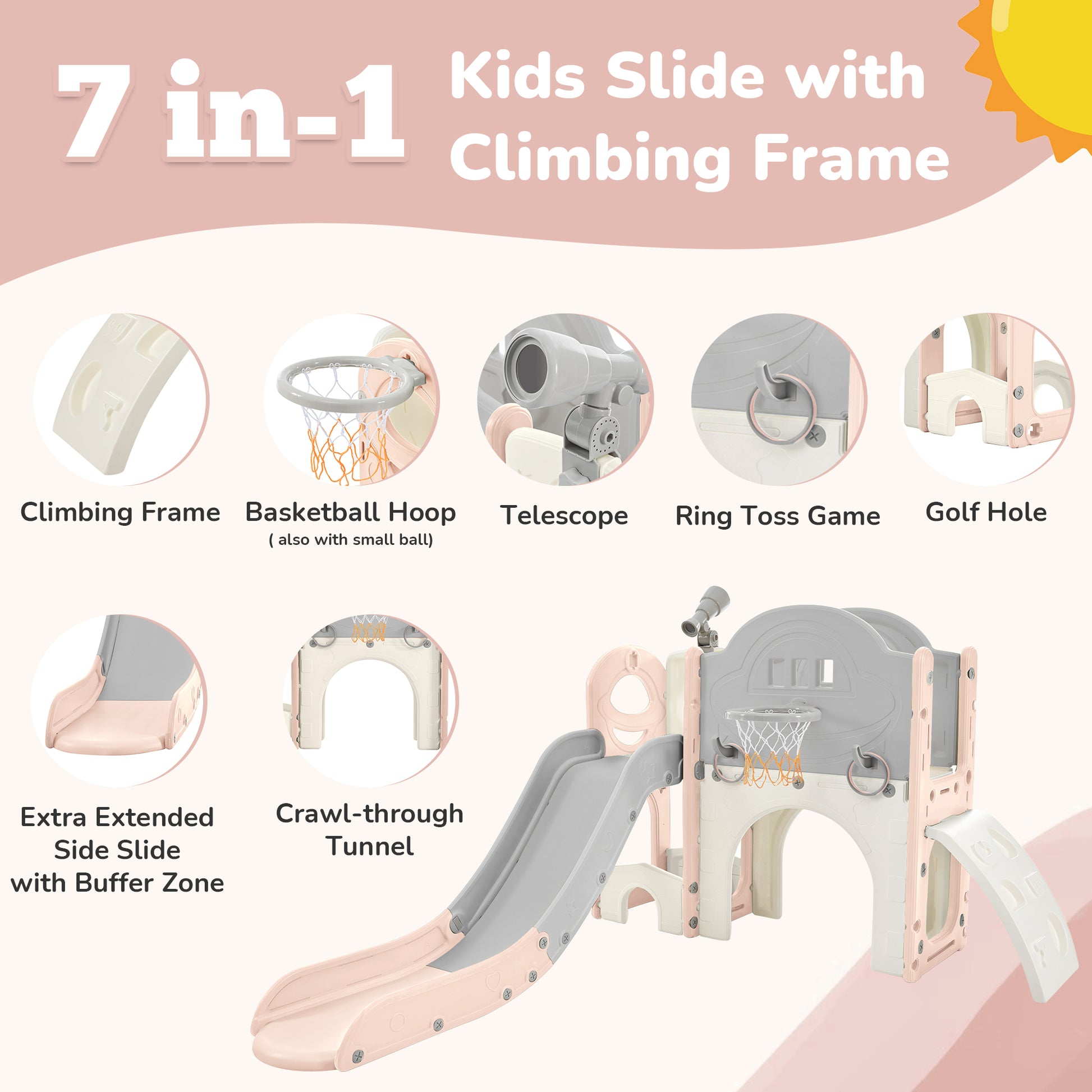 Kids Slide Playset Structure 7 in 1, Freestanding Spaceship Set with Slide, Arch Tunnel Pink+Grey + HDPE - KIWI UNIVERS