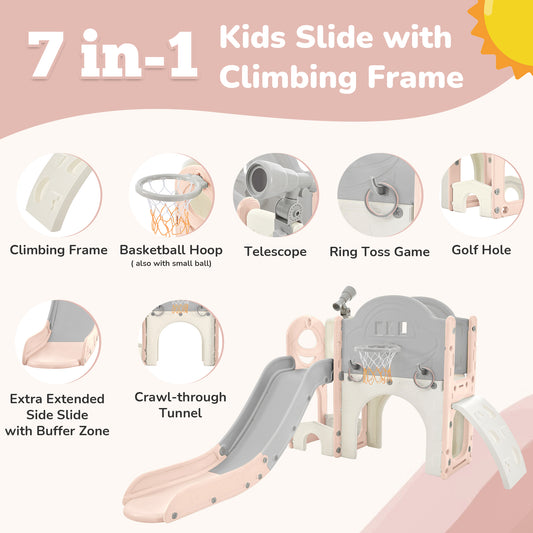 Kids Slide Playset Structure 7 in 1, Freestanding Spaceship Set with Slide, Arch Tunnel Pink+Grey + HDPE - KIWI UNIVERS