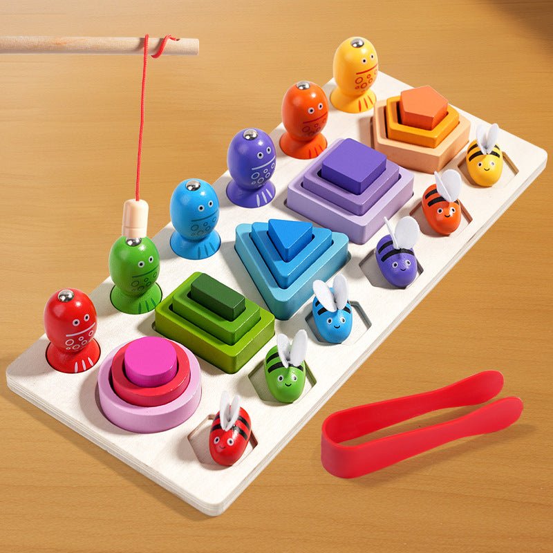 Christmas toy gift wooden three in one magnetic clip bee set pillar for children's early education puzzle geometry cognition matching building block toy - KIWI UNIVERS
