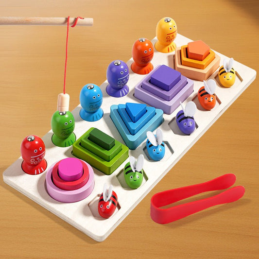 Christmas toy gift wooden three in one magnetic clip bee set pillar for children's early education puzzle geometry cognition matching building block toy - KIWI UNIVERS