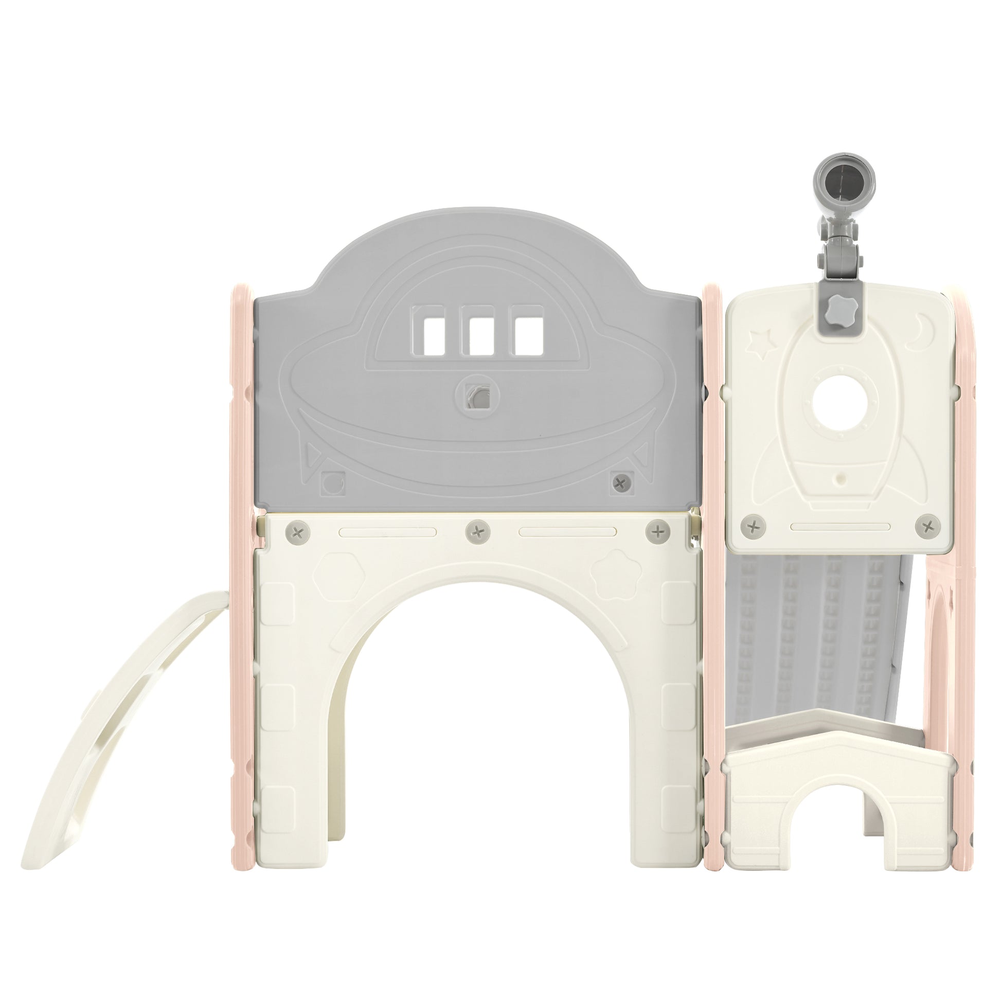 Kids Slide Playset Structure 7 in 1, Freestanding Spaceship Set with Slide, Arch Tunnel Pink+Grey + HDPE - KIWI UNIVERS