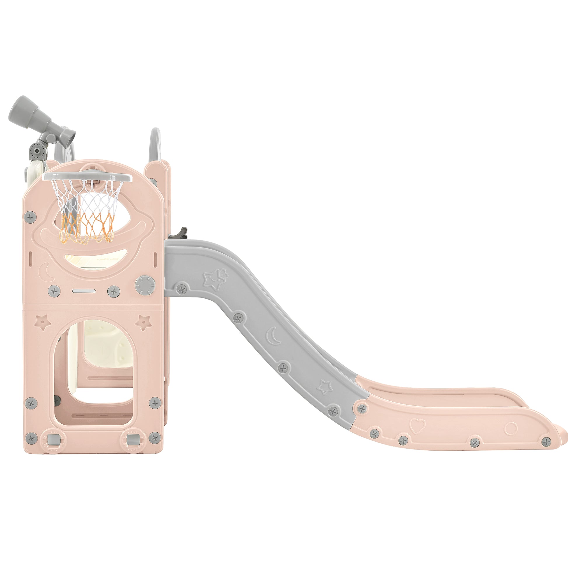 Kids Slide Playset Structure 7 in 1, Freestanding Spaceship Set with Slide, Arch Tunnel Pink+Grey + HDPE - KIWI UNIVERS