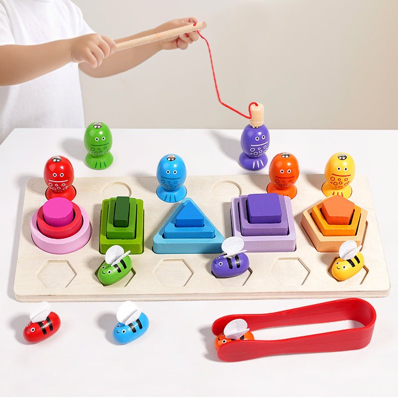 Christmas toy gift wooden three in one magnetic clip bee set pillar for children's early education puzzle geometry cognition matching building block toy - KIWI UNIVERS
