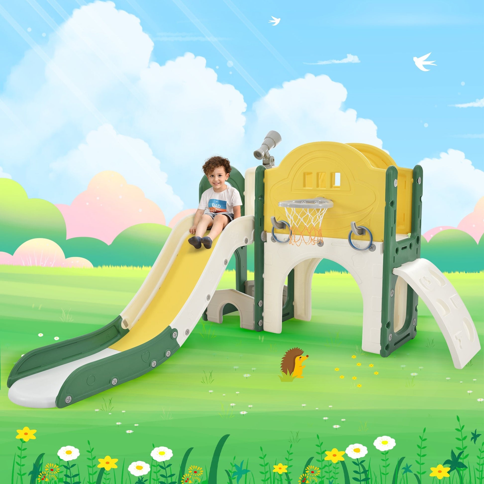 Kids Slide Playset Structure 7 in 1, Freestanding Spaceship Set with Slide, Arch Tunnel Yellow + HDPE - KIWI UNIVERS