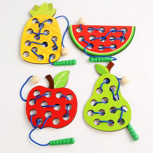 Wooden fruit threading board placed in Montessori early education threading game - KIWI UNIVERS