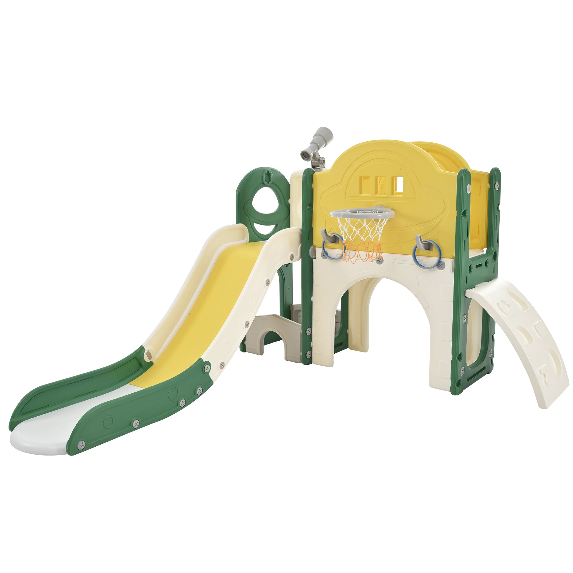 Kids Slide Playset Structure 7 in 1, Freestanding Spaceship Set with Slide, Arch Tunnel Yellow + HDPE - KIWI UNIVERS